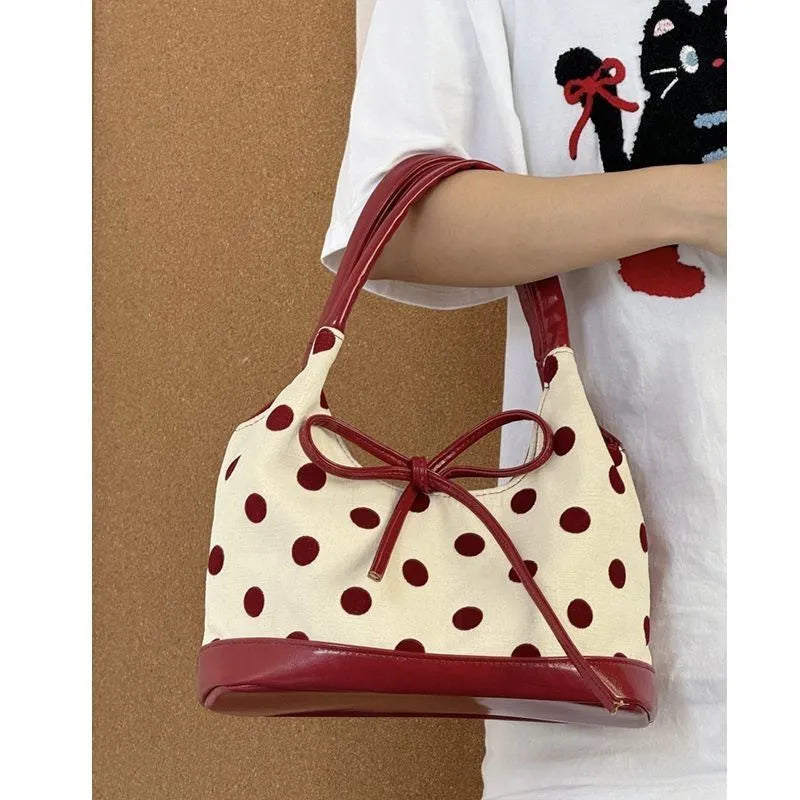 Retro Dot Red Handbag Women Versatile Bow Large Capacity
