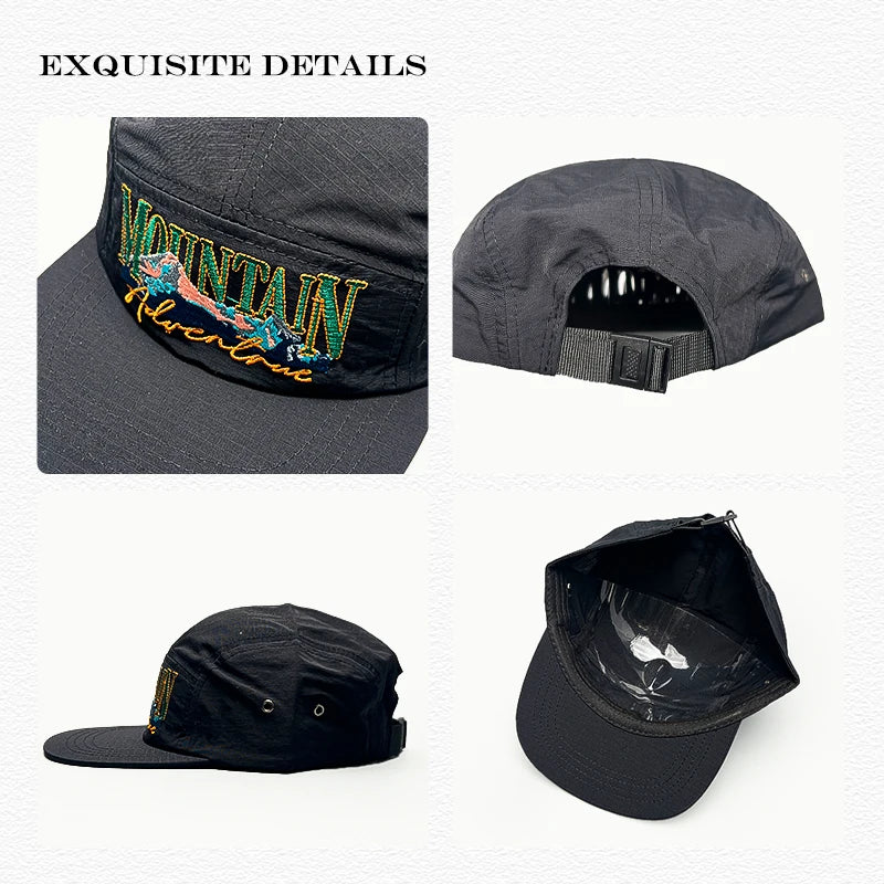 Mountain Adventure Embroidered 5-Panel Camp Cap – Quick-Dry Outdoor Hat