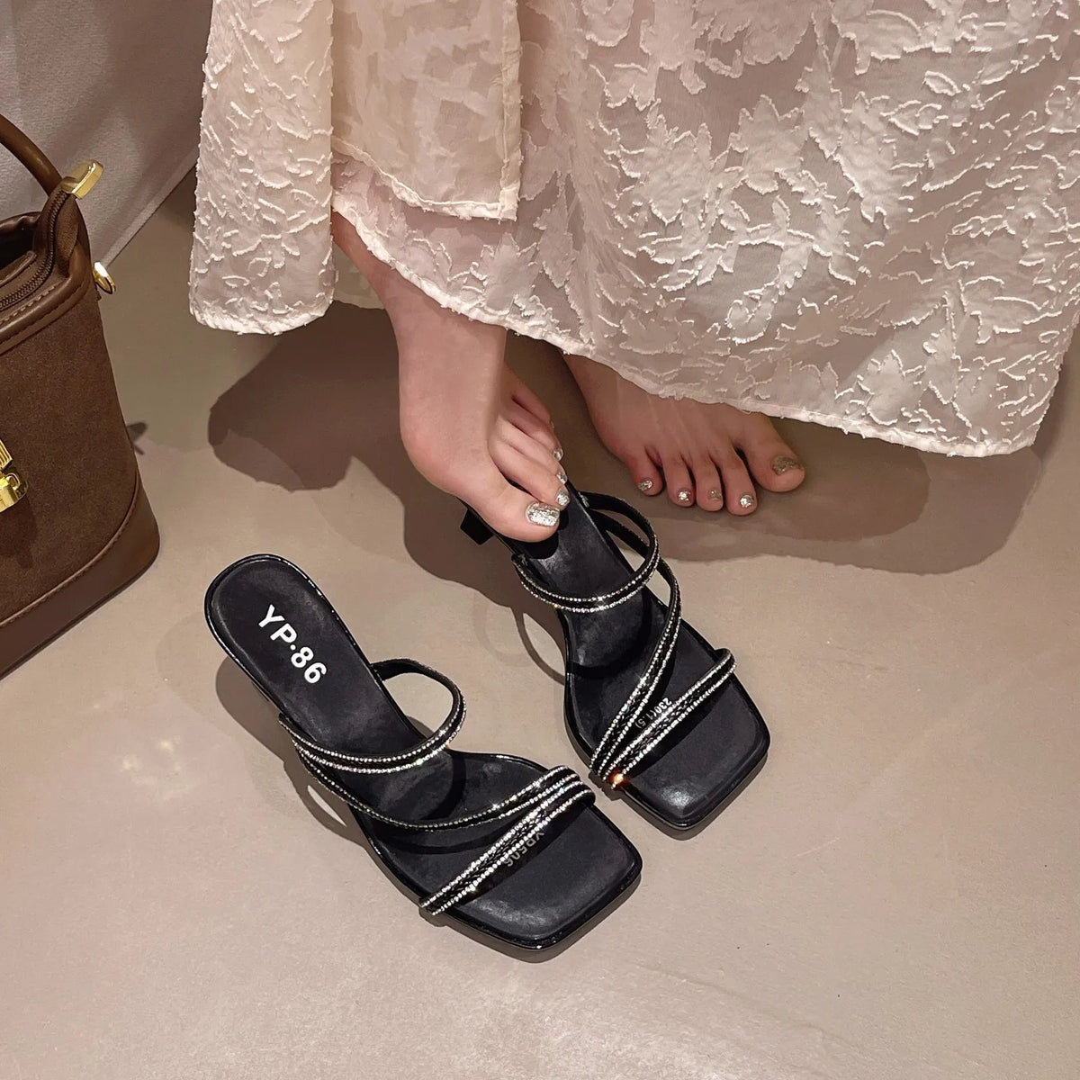 Open Toe Strappy Heeled Sandals – Women's Square Toe Mules