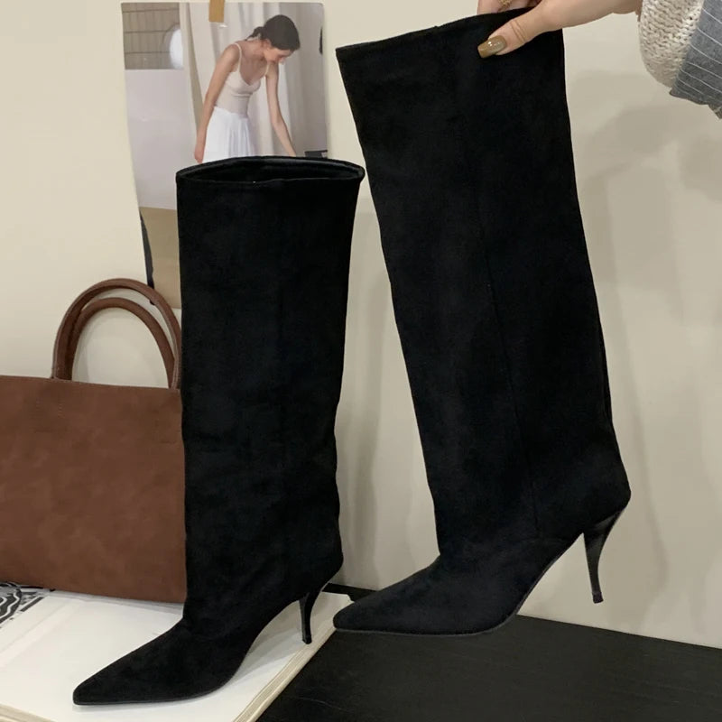 Women's Knee-High Stiletto Boots – Pointed Toe Suede Heels