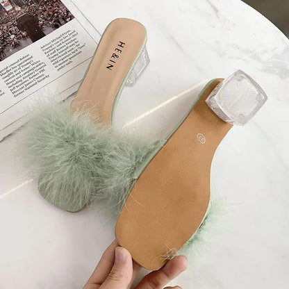 Summer Fluffy Peep Toe Sexy Heels Women Shoes Fur Feather Lady Wedding Slip-On Pink Square Sandals