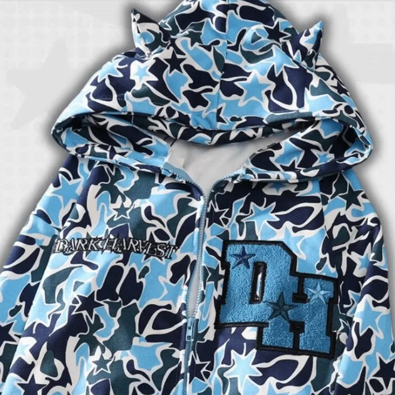 Harajuku Star Camo Full-Zip Hoodie Jacket – Unisex Streetwear