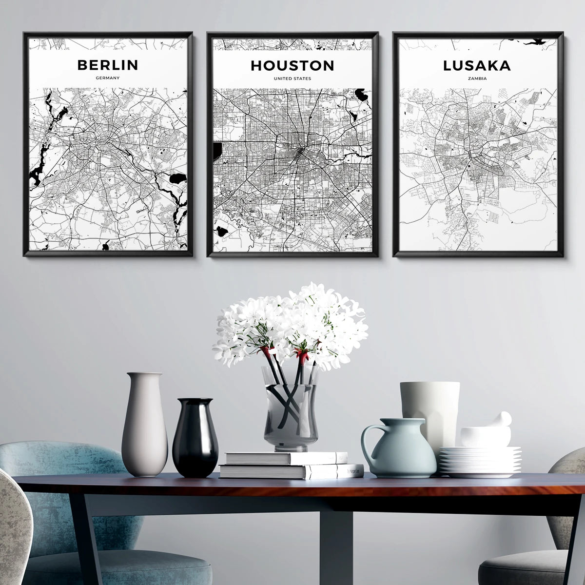 World City Map Wall Art Print – Black & White City Poster