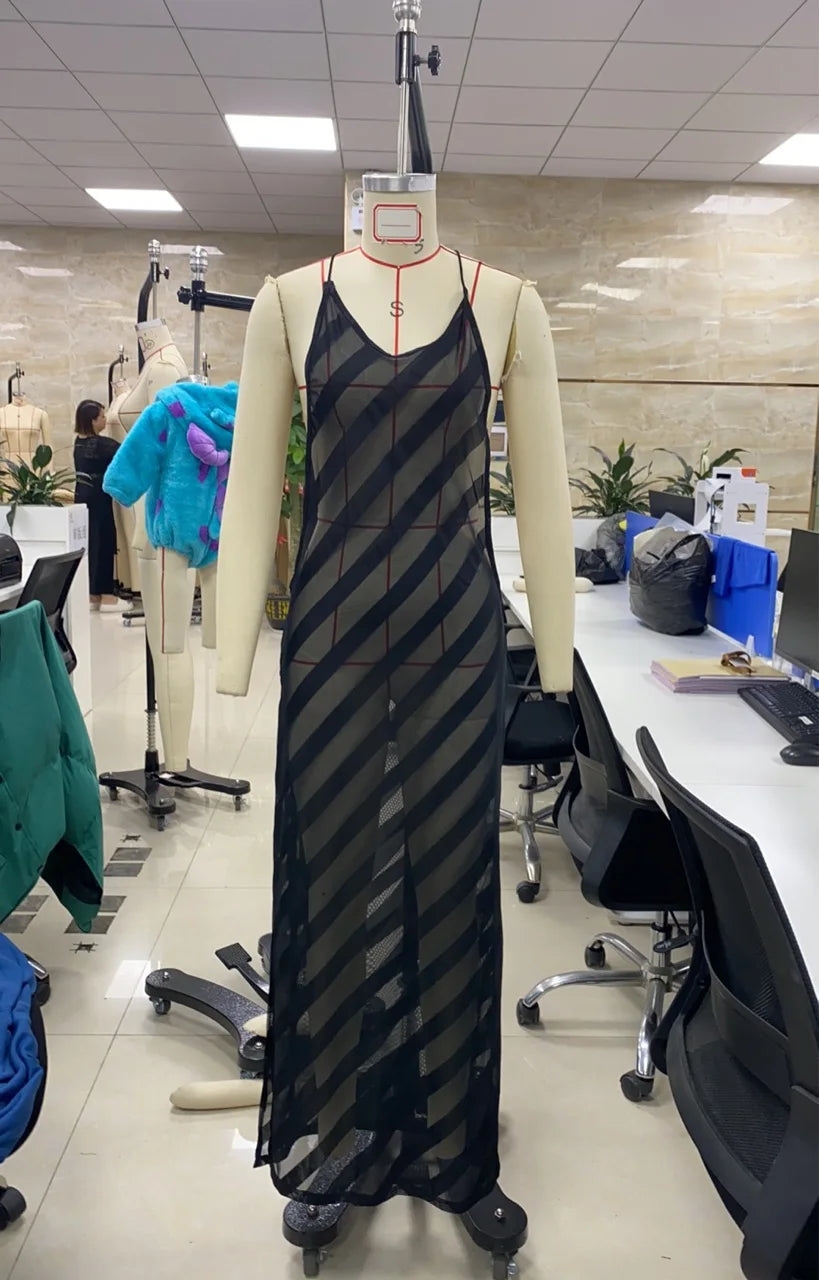 Black Sheer Striped Maxi Cami Dress – Backless Clubwear