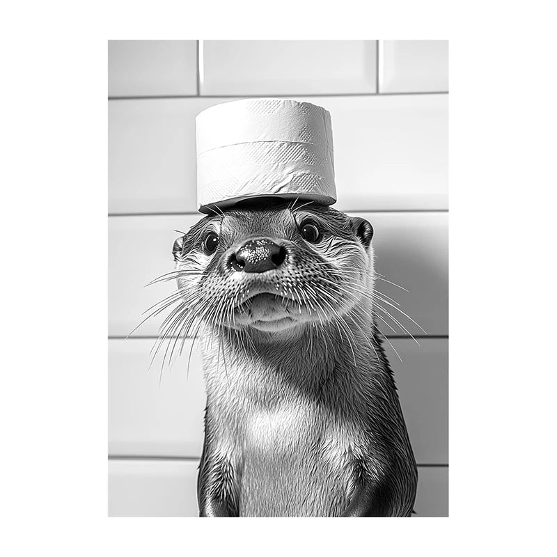 Funny Bathroom Wall Art Poster – Black & White Animal Toilet Paper Print