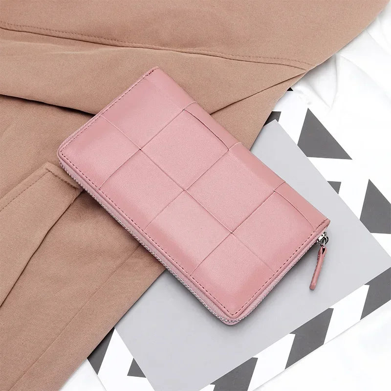 Genuine Leather Women's Long Wallet – Woven Zipper Clutch