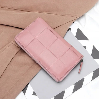 Genuine Leather Women's Long Wallet – Woven Zipper Clutch