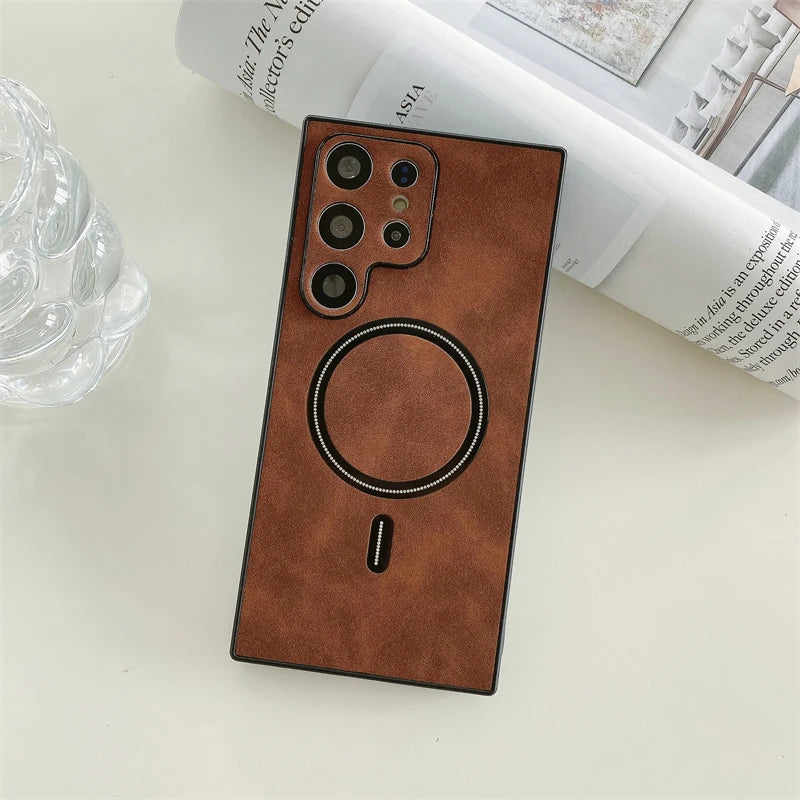 Leather Samsung Galaxy Case – Magnetic Wireless Charging Cover S21–S26