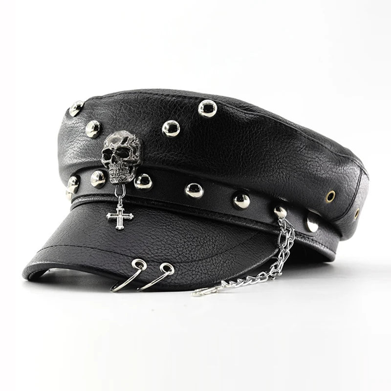 Punk PU Leather Military Beret with Skull Rivets & Chain