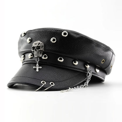 Punk PU Leather Military Beret with Skull Rivets & Chain