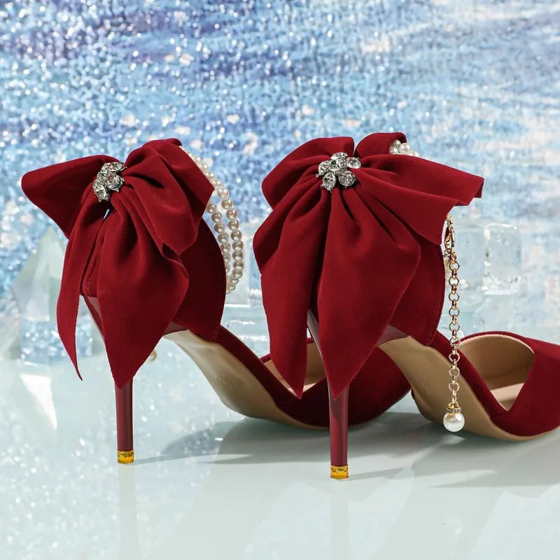 Women's Pearl Ankle Strap Stiletto Heels – Bow Pointed Toe Wedding Pumps