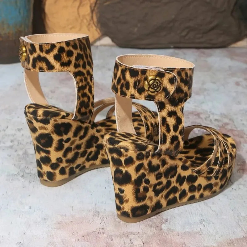 Women's Leopard Print Wedge Sandals – Platform Suede Heels