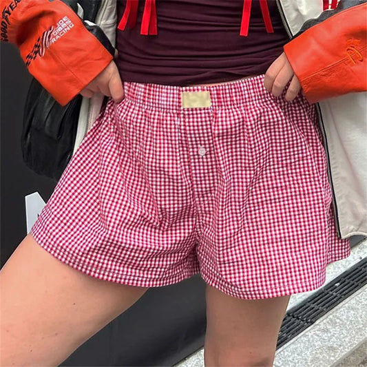 Y2K Plaid Lounge Shorts – Women's Cute Pajama Bottoms with Elastic Waist