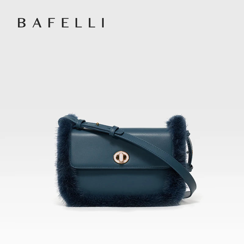 Fur Trim Genuine Leather Crossbody Shoulder Bag