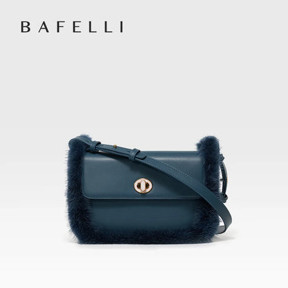 Fur Trim Genuine Leather Crossbody Shoulder Bag