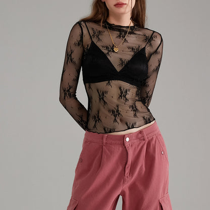 Sheer Mesh Floral Top Women Long Sleeve Crew Neck Slim Fit Pullover