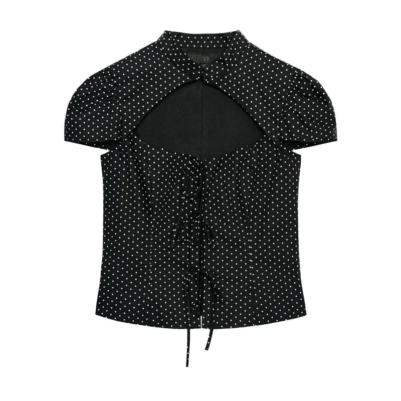 Cutout Tie-Front Crop Top – Y2K Women's Slim Short Sleeve Blouse