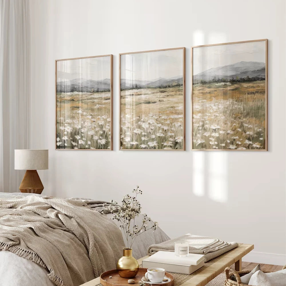 Wildflower Field Landscape Wall Art Print – 3-Piece Set