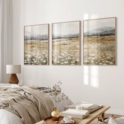 Wildflower Field Landscape Wall Art Print – 3-Piece Set