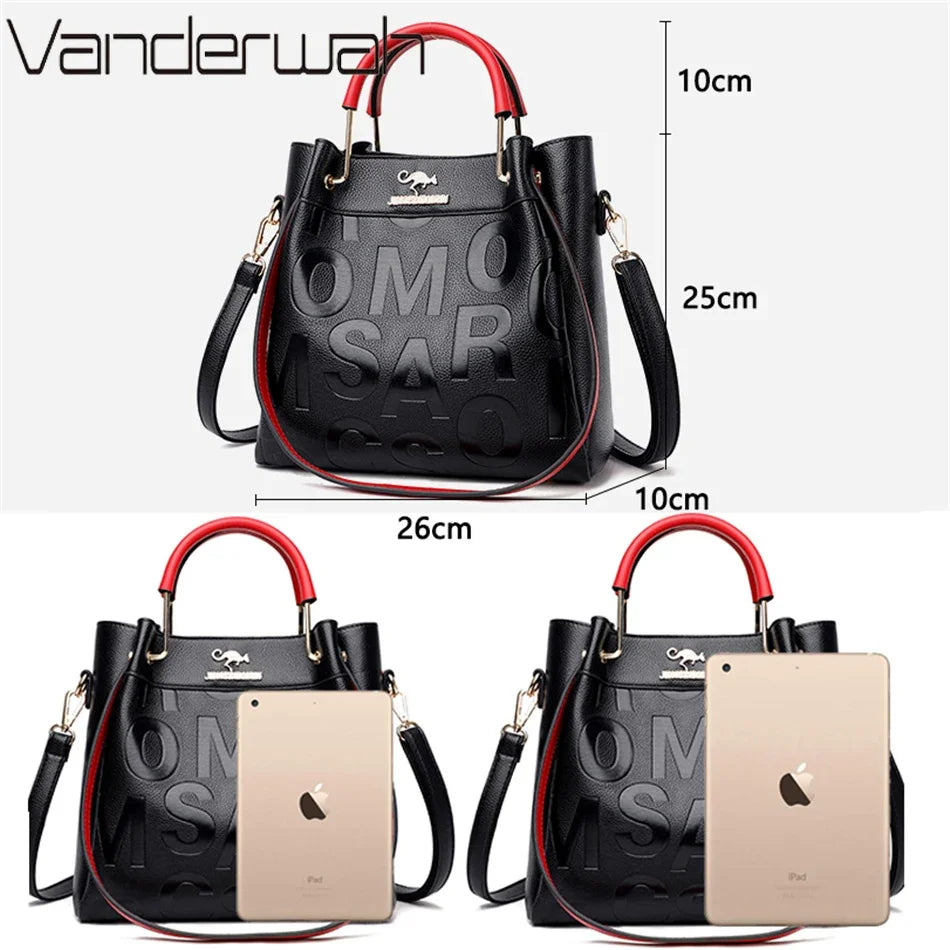 Designer Letter-Embossed Women's Handbag – 3-Layer PU Leather Tote