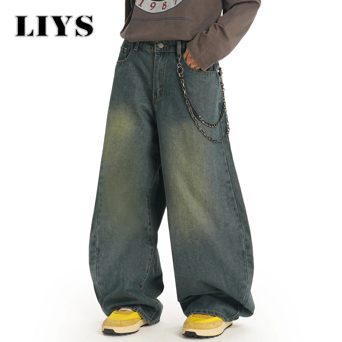 Men S American Retro Machete Wide-Leg Denim Pants Baggy Jeans Vintage Cut Curved Knife Loose Fit