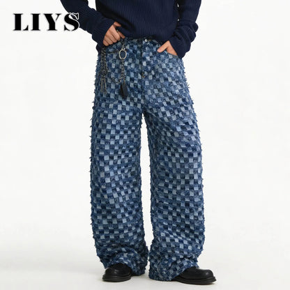Checkerboard Jacquard Baggy Wide Leg Jeans – Korean Style