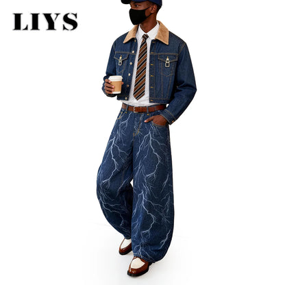 LIYS Lightning Print Baggy Wide Leg Jeans – Blue Streetwear Denim