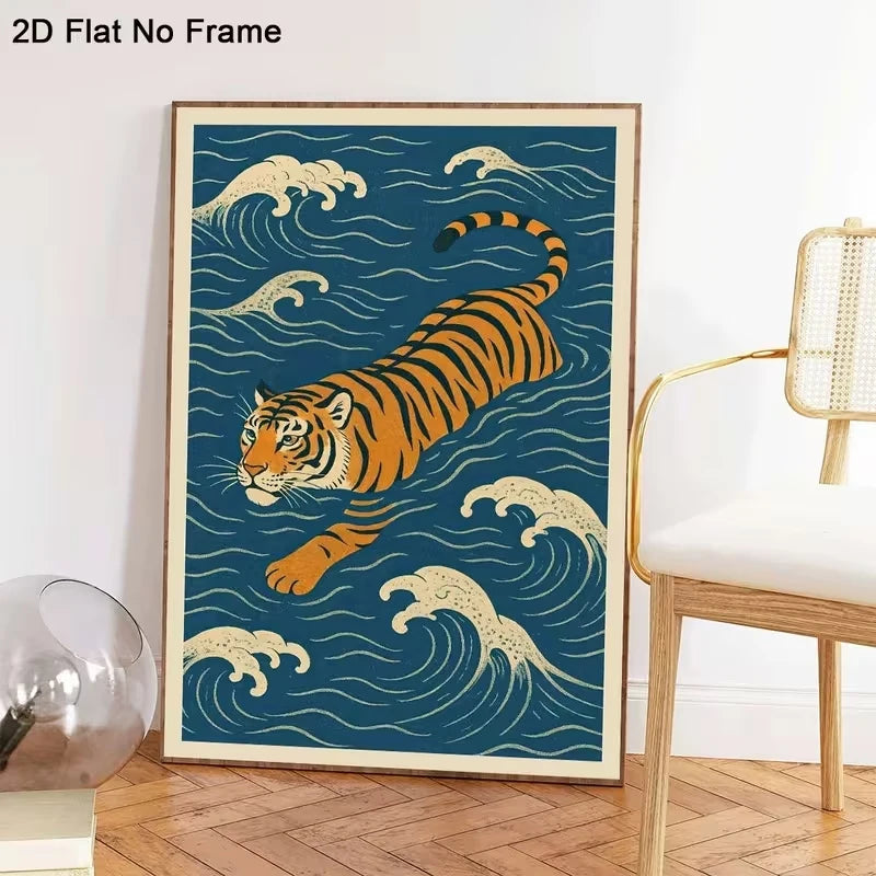 Swimming Tiger Wall Art Print – Japanese Wave Poster
