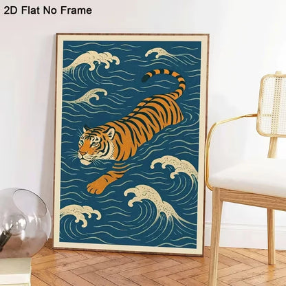 Swimming Tiger Wall Art Print – Japanese Wave Poster