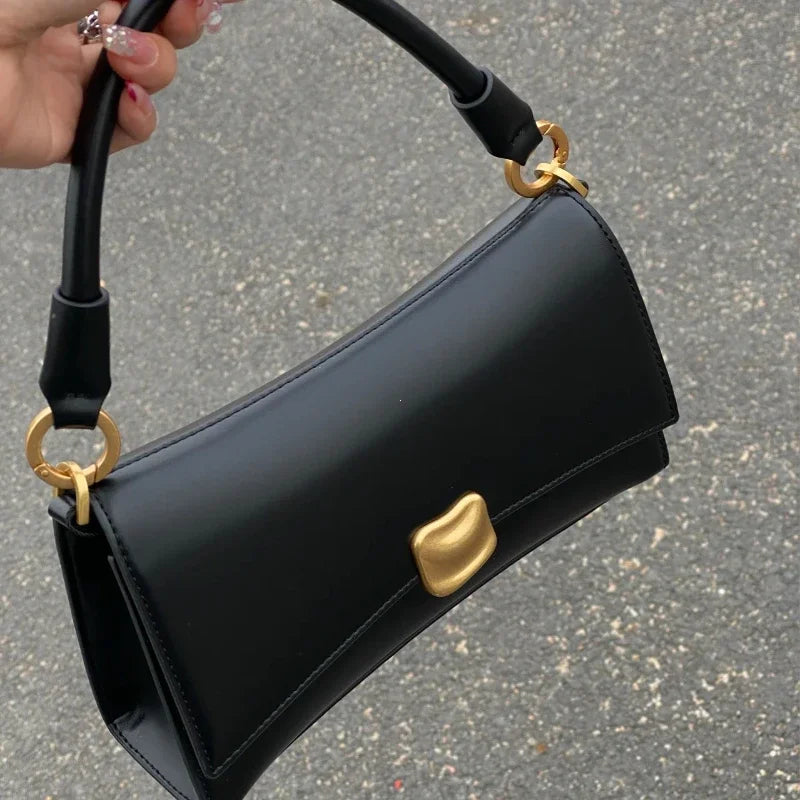 Y2K Women's Shoulder Bag – Black PU Leather Flap Lock Handbag