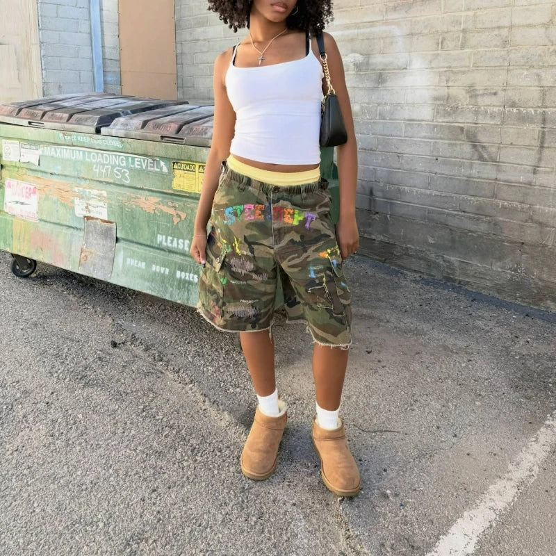 Camo Cargo Shorts Graffiti Print Unisex Y2K Streetwear