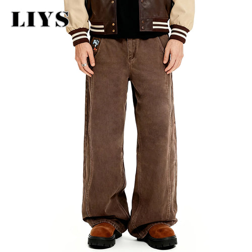 Brown Baggy Wide Leg Jeans – Retro Cartoon Embroidery Loose Denim Pants