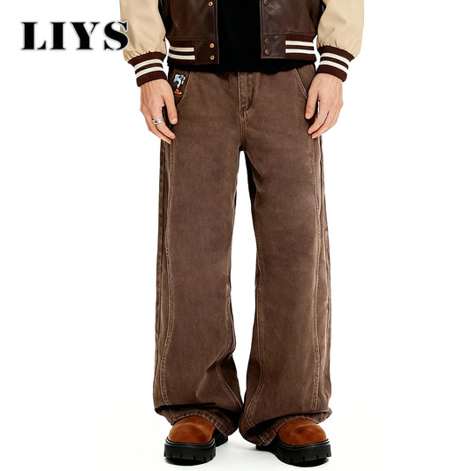 Brown Baggy Wide Leg Jeans – Retro Cartoon Embroidery Loose Denim Pants