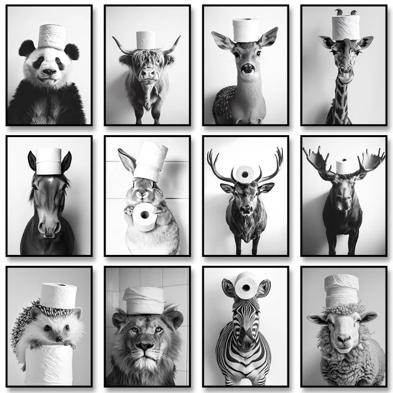 Funny Bathroom Wall Art Poster – Black & White Animal Toilet Paper Print