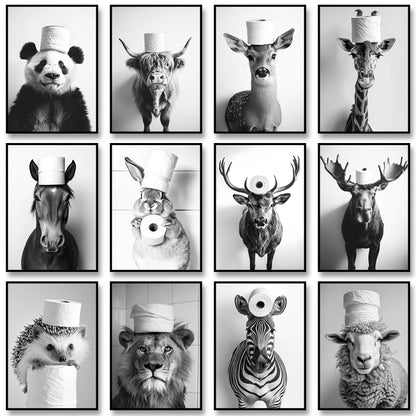 Funny Bathroom Wall Art Poster – Black & White Animal Toilet Paper Print