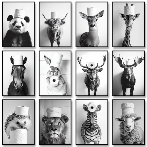 Funny Bathroom Wall Art Poster – Black & White Animal Toilet Paper Print