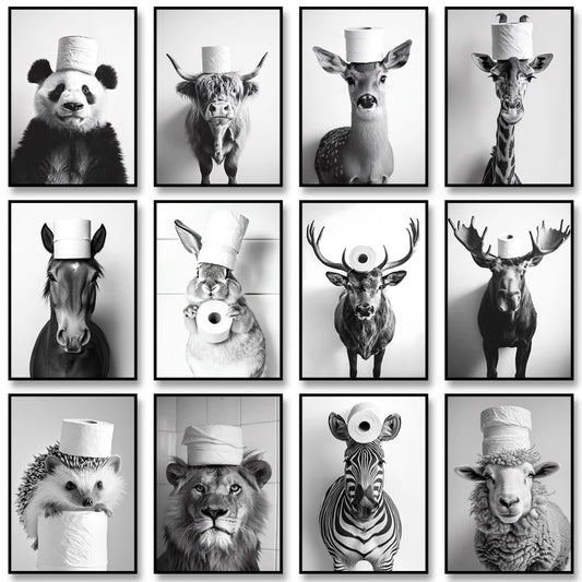 Funny Bathroom Wall Art Poster – Black & White Animal Toilet Paper Print