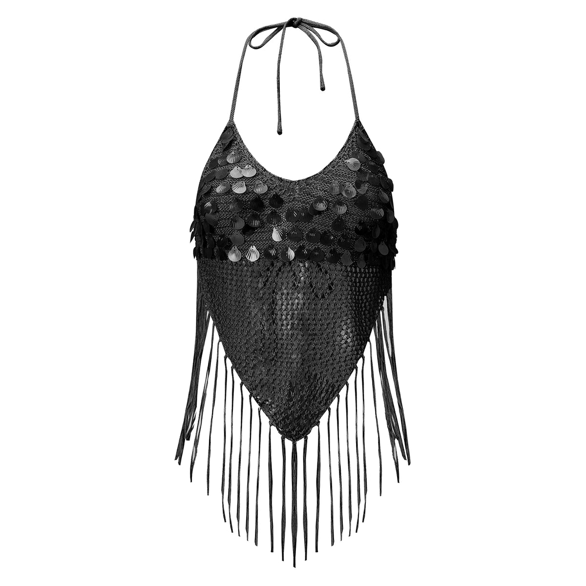 Sequin Fringe Halter Crop Top – Boho Knit Tassel
