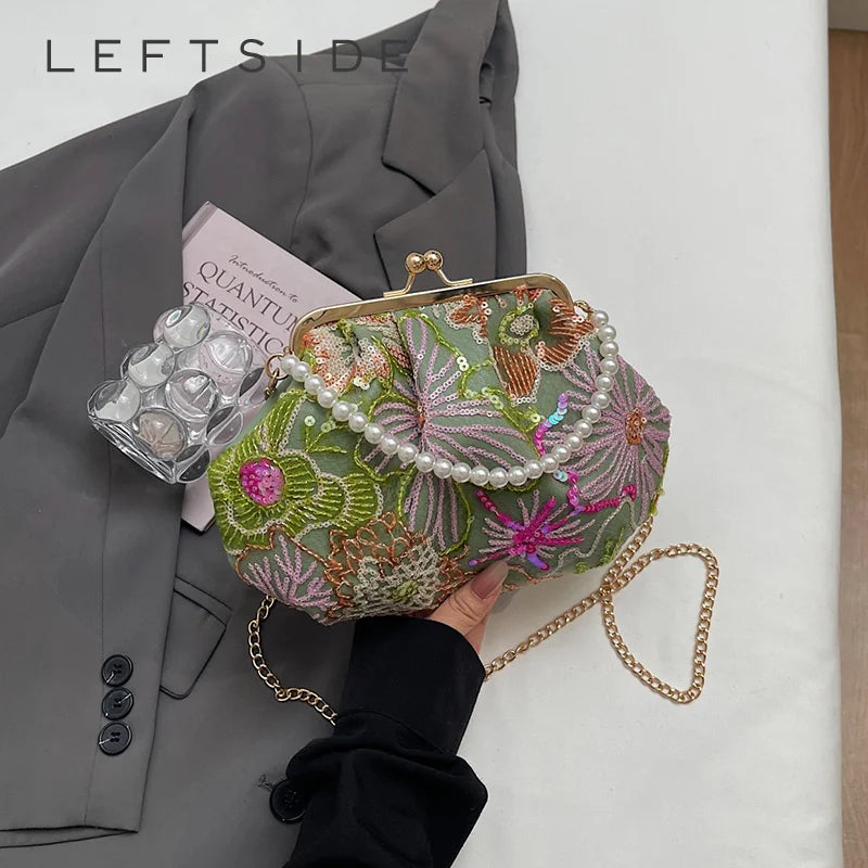 Sequin Floral Embroidered Handbag with Pearl Handle & Chain