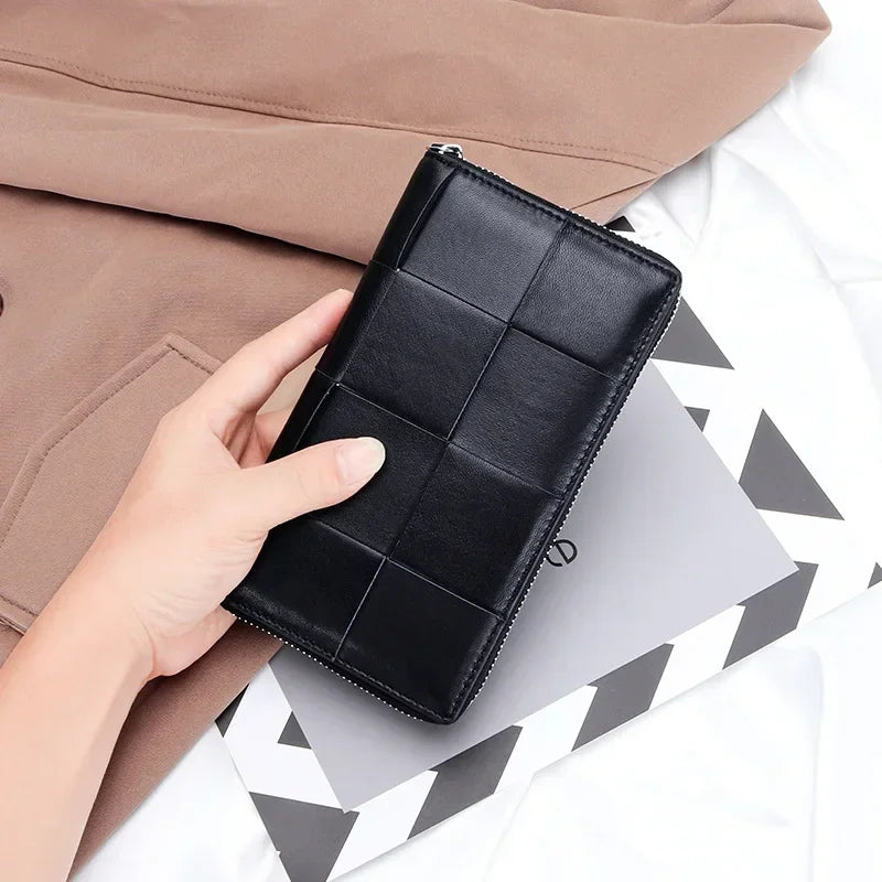 Genuine Leather Women's Long Wallet – Woven Zipper Clutch