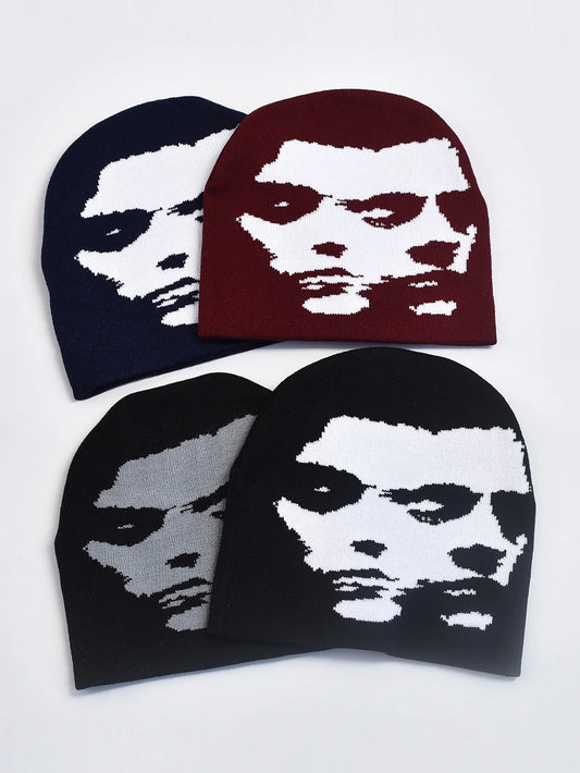 Y2K Goth Face Knit Beanie – Unisex Streetwear Pullover Cap