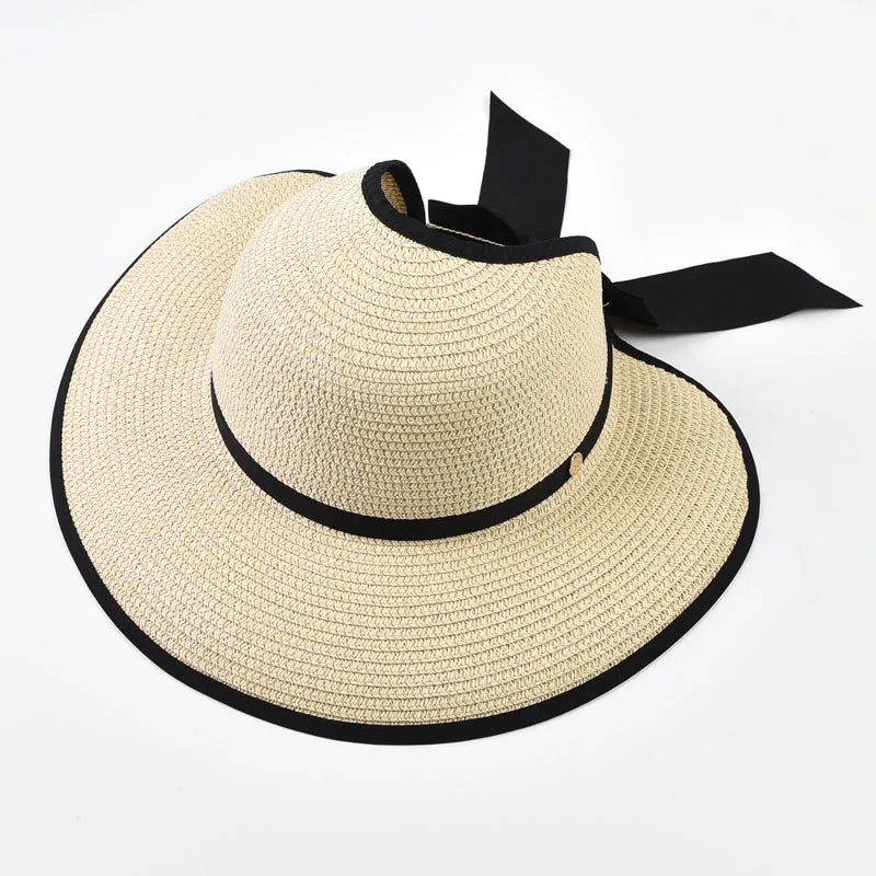 Wide Brim Straw Sun Hat with Black Ribbon Bow