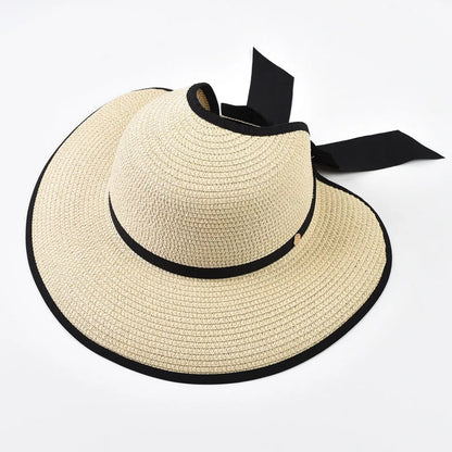 Wide Brim Straw Sun Hat with Black Ribbon Bow