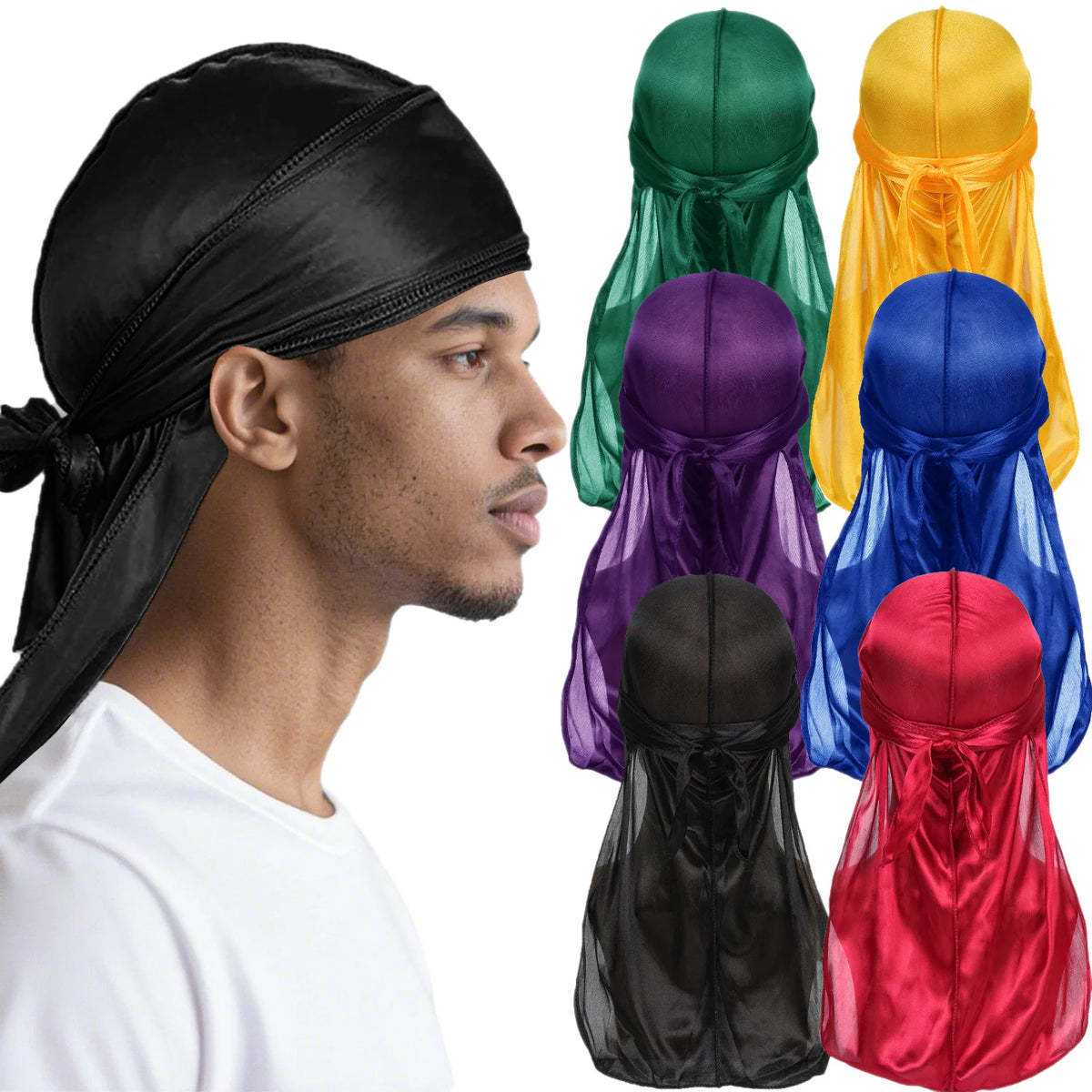 Men Satin Breathable Silky Durag Long Tail Doo Rag Pirate Hat Headband Turban Bandana Headwearmen