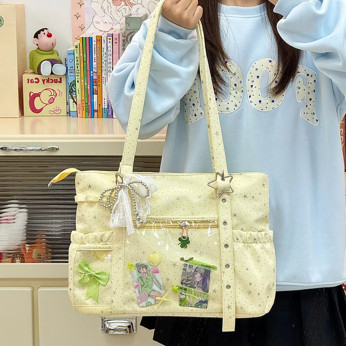 Star Print Nylon Tote Bag – Women's Shoulder Bag with Clear Pocket