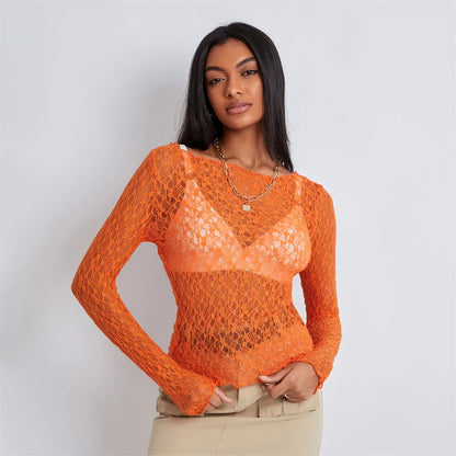 Sheer Lace Top Women Long Sleeve O-Neck Slim Fit Pullover