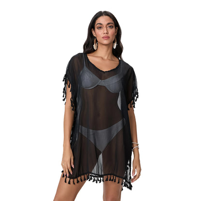 Tassel Trim Beach Cover-Up Dress – Sheer Swimsuit Coverup