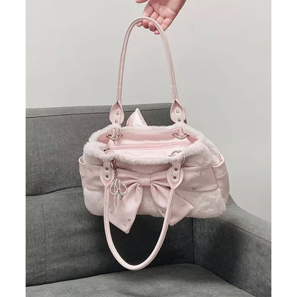 Cute Pink Bow Handbag Women's Creative Rivet Design Plush Shoulder Bag