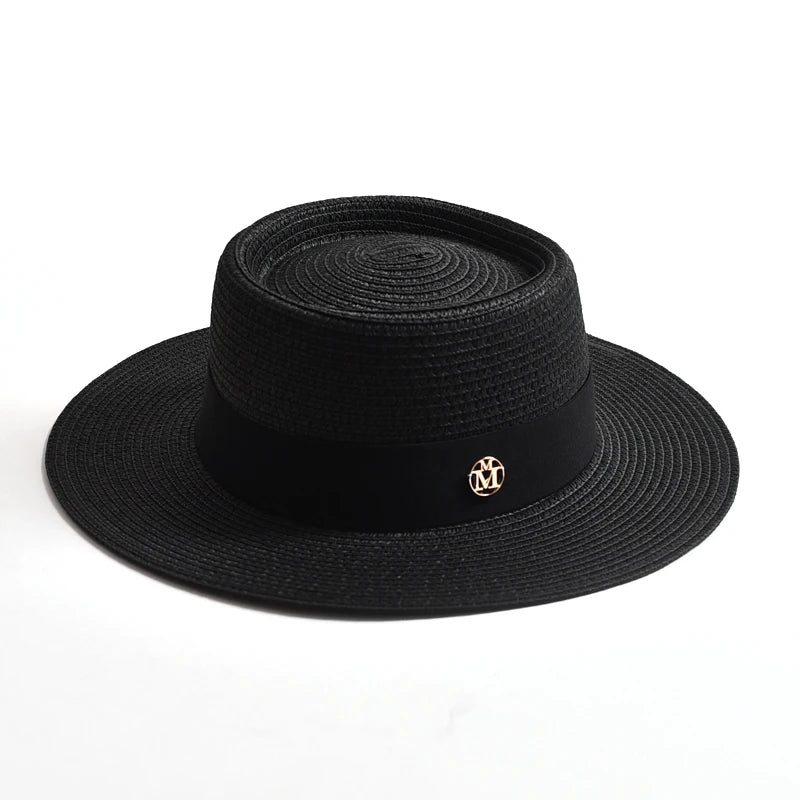 Women's Straw Sun Hat Flat Brim Ribbon Beach Hat