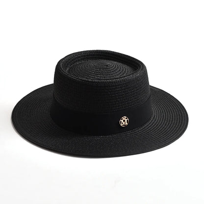Women's Straw Sun Hat Flat Brim Ribbon Beach Hat